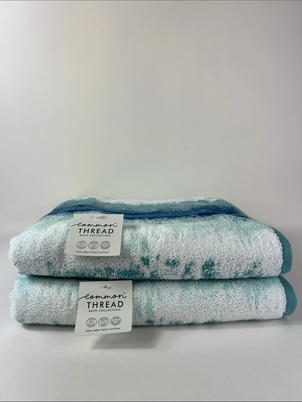 Common Thread Bath Towel Set Blue White Abstract Pattern 100% Cotton 2 pc NEW